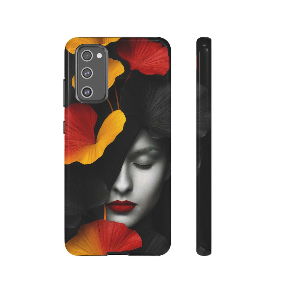 Glossy black phone case with floral woman face art, camera and button cutouts