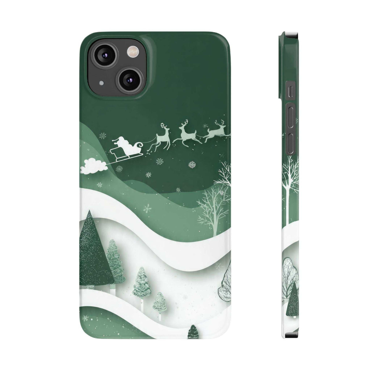 Green phone case with winter hills, trees, and sleigh-and-reindeer illustration, front and side