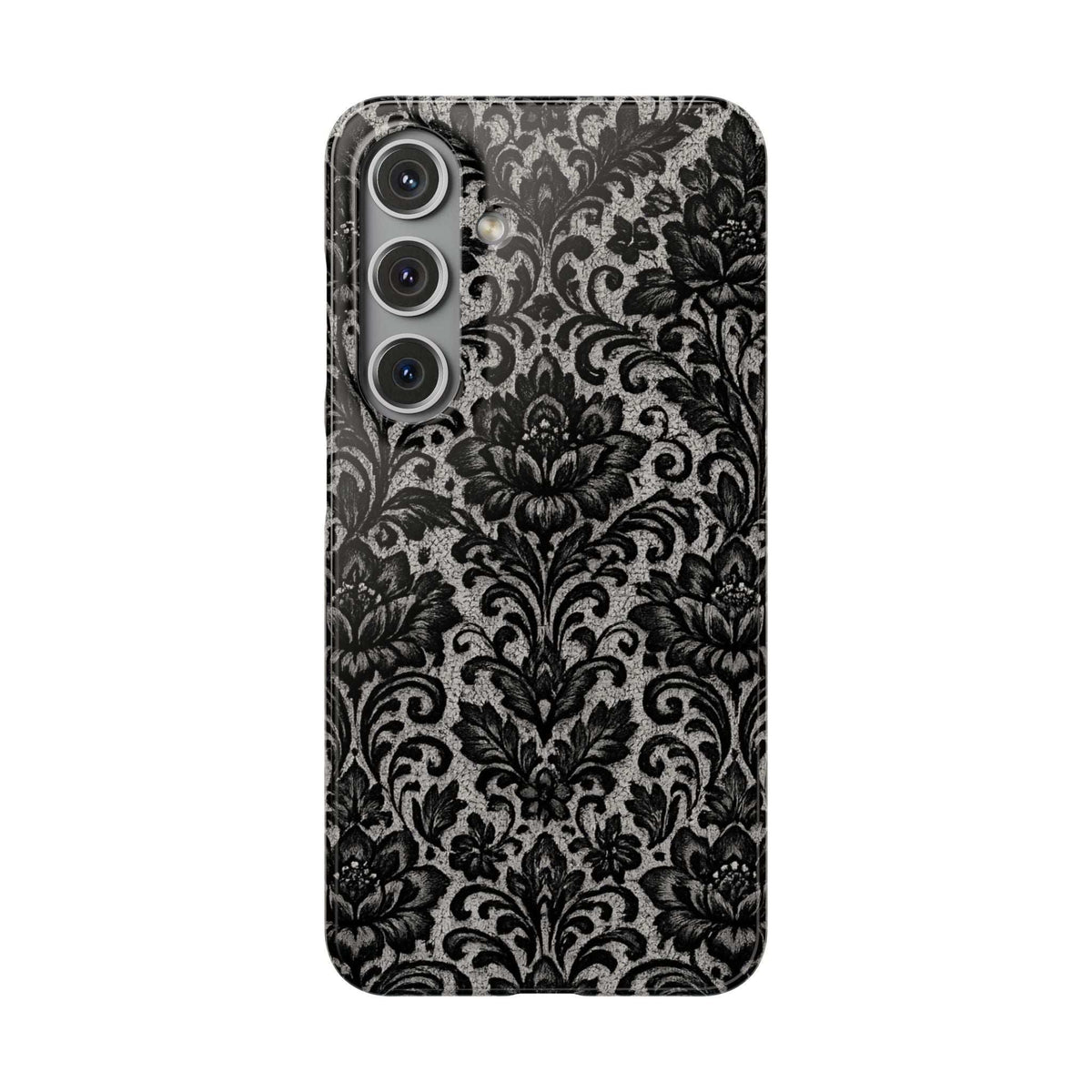 Black damask floral phone case with three camera cutouts and raised edges
