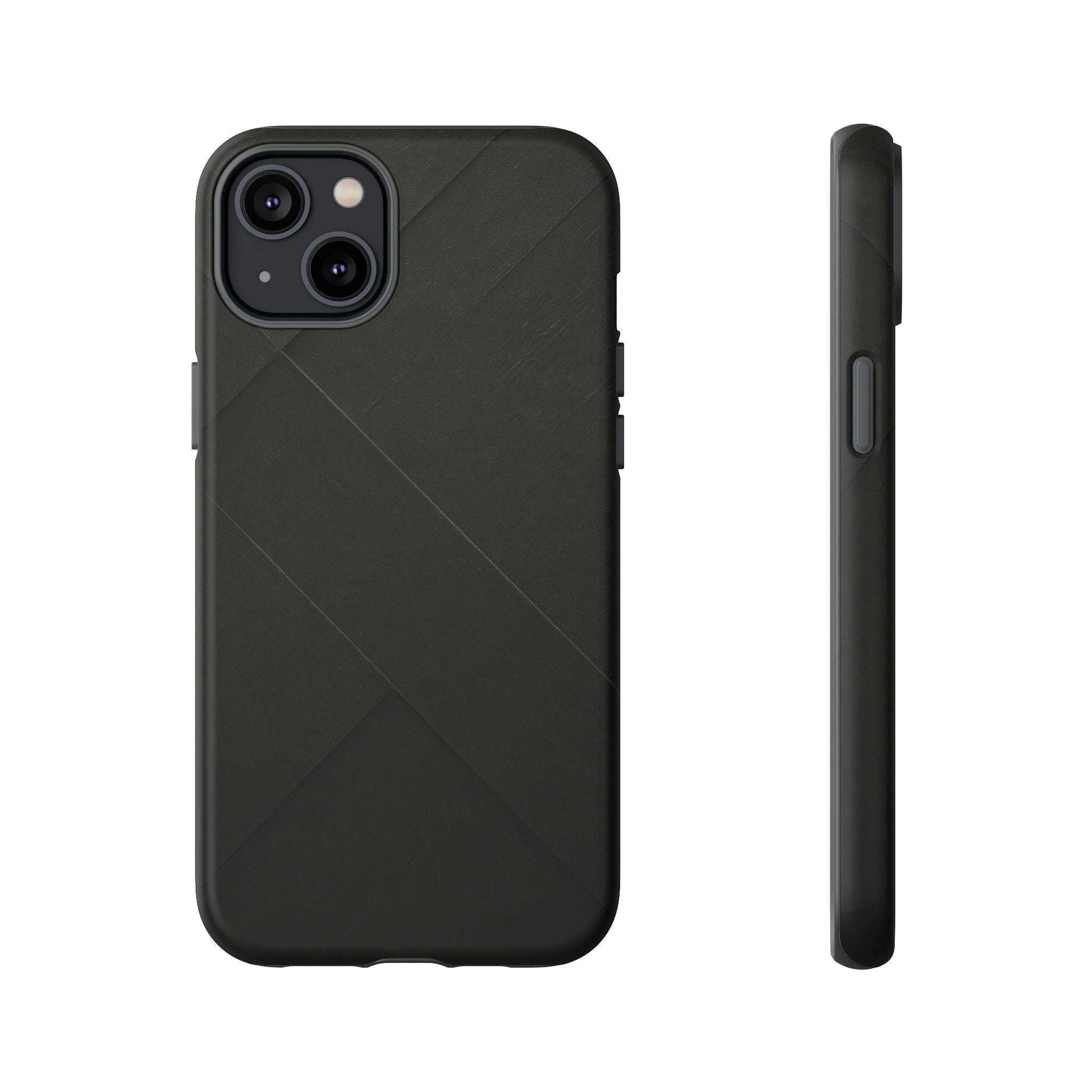 Matte black phone case with diagonal line texture, camera cutouts, and side buttons.