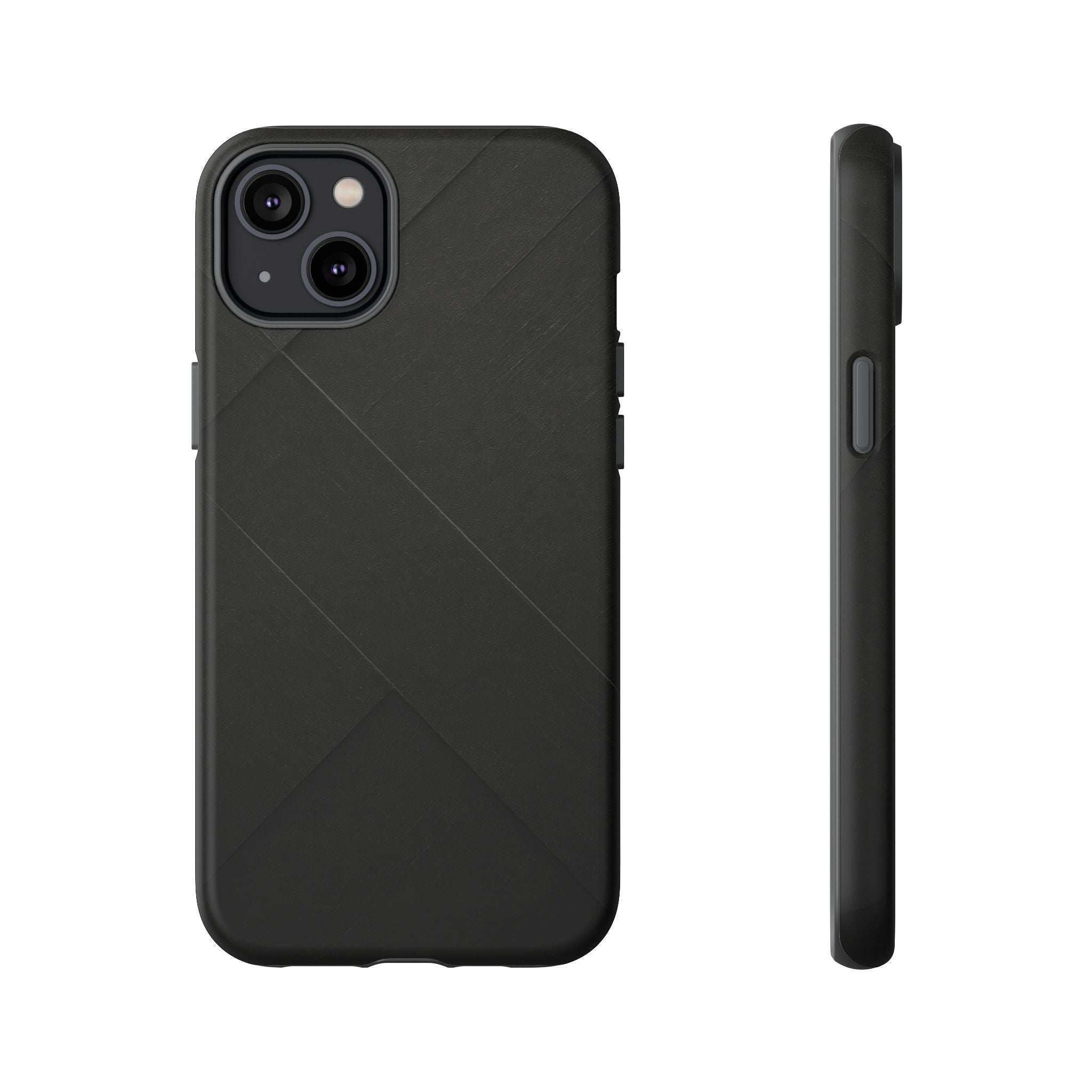 Matte black phone case with diagonal line texture, camera cutouts, and side buttons.