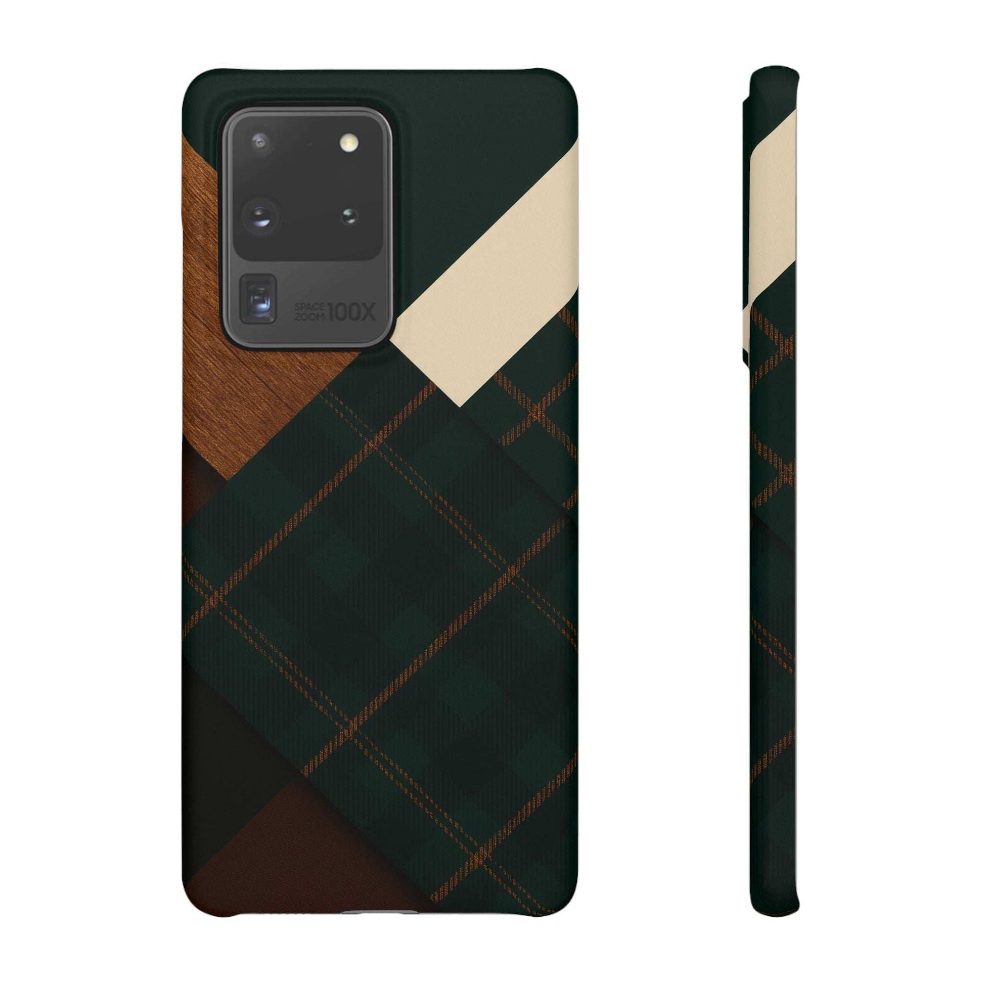 Phone case featuring dark green plaid with tan wood corner and cream accent; camera and flash cutouts