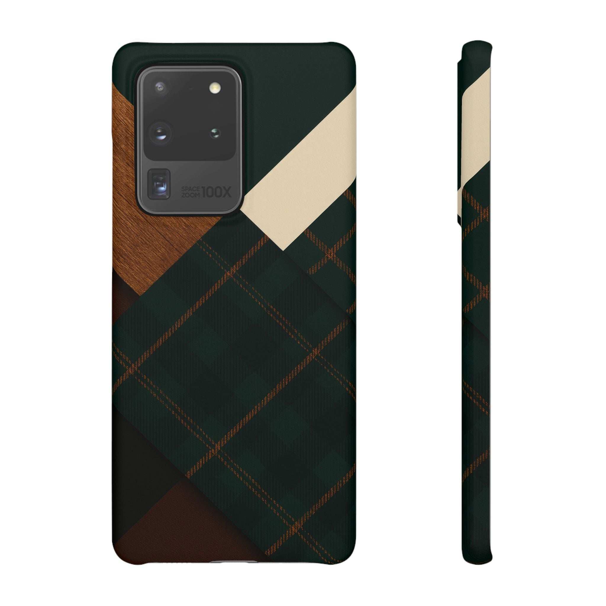 Phone case featuring dark green plaid with tan wood corner and cream accent; camera and flash cutouts