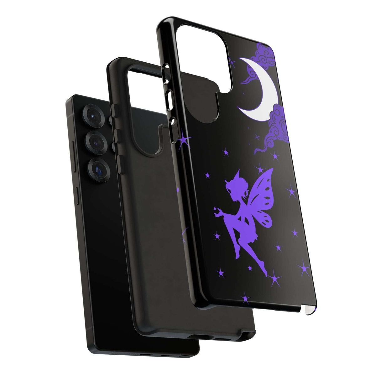 Black phone case with purple fairy and crescent moon graphic, shown with front cover.