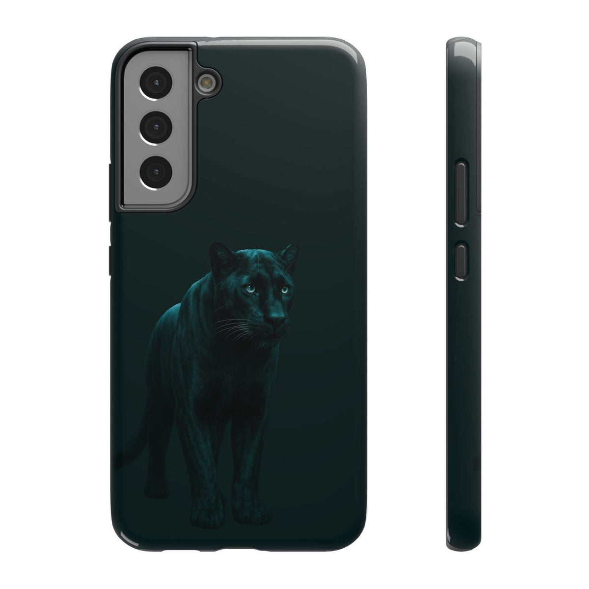 Dark teal phone case with teal panther artwork, showing camera lenses and protected side buttons