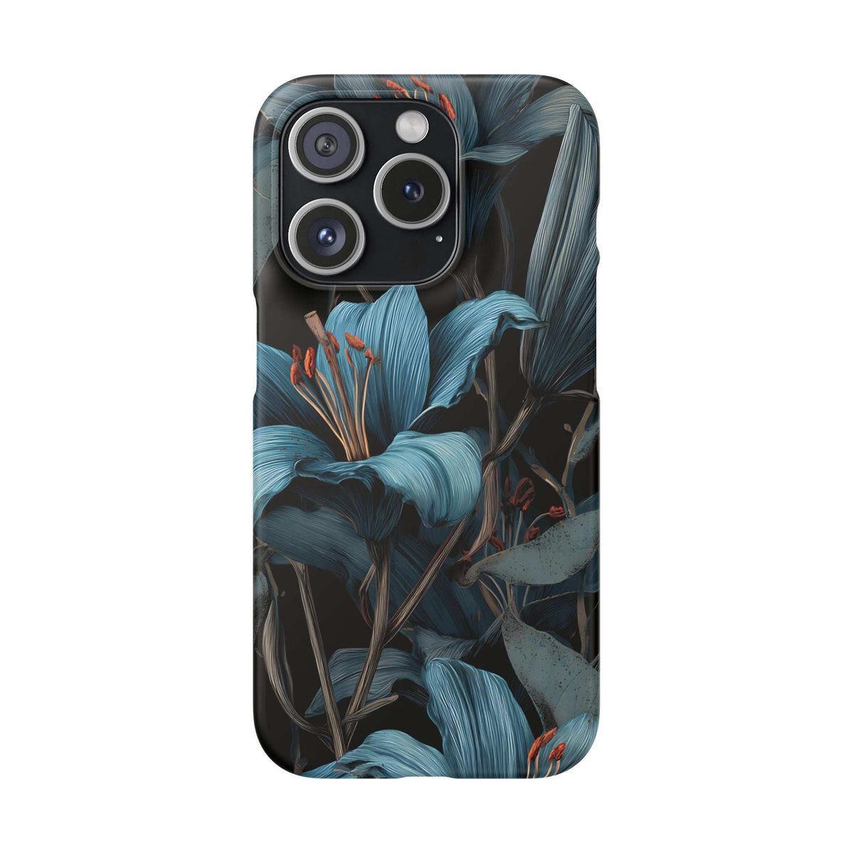 Blue and teal floral phone case with triple-camera cutout and raised camera area