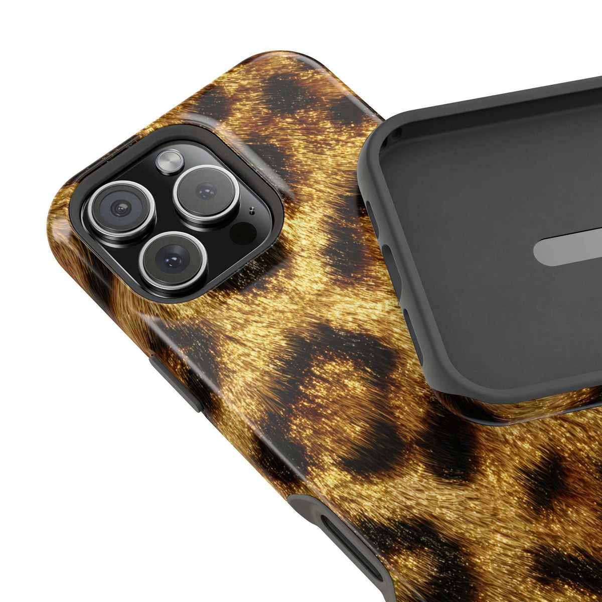 Leopard print phone case, glossy gold-brown with camera-lens opening and cutouts
