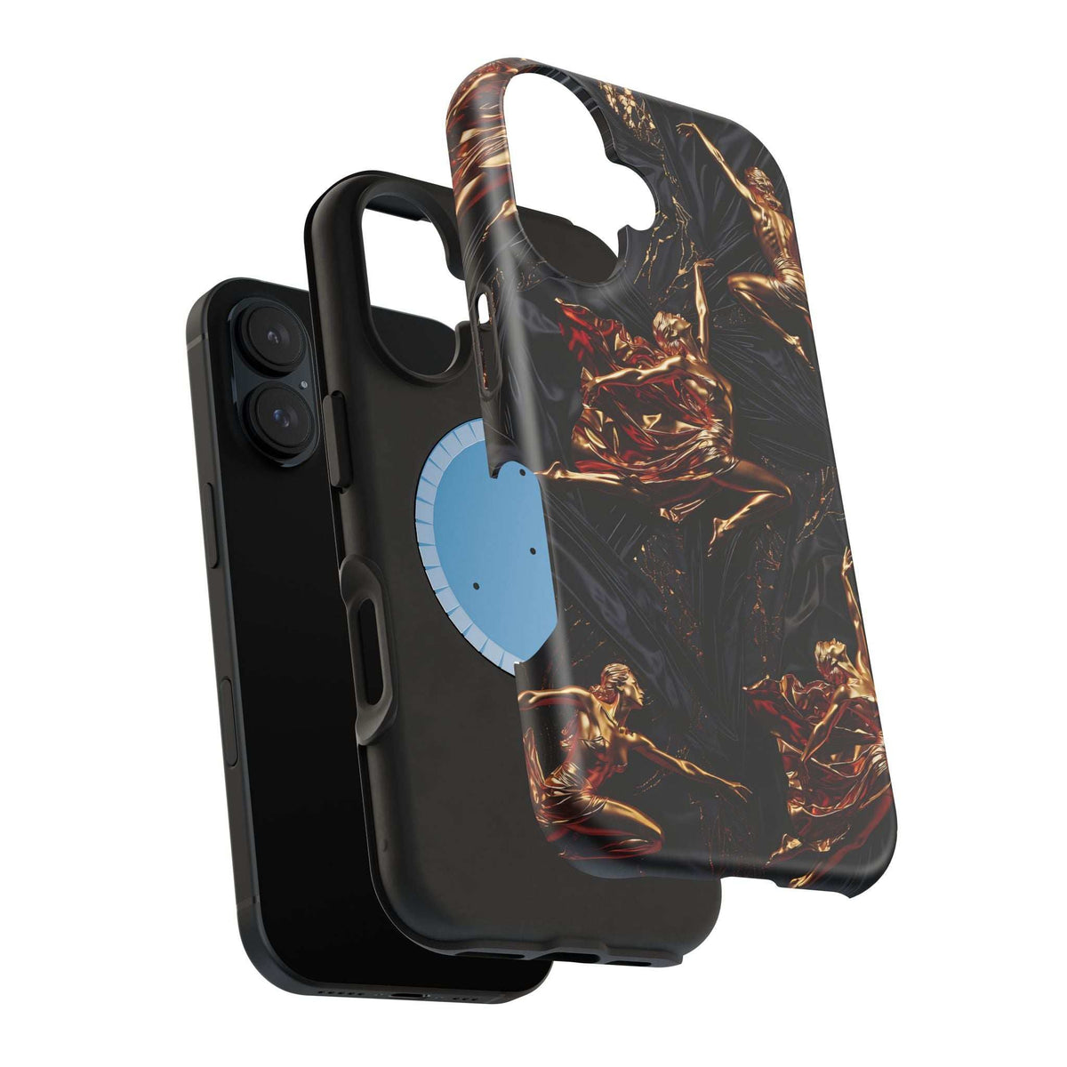Angled phone case view: black back with gold sculpture design, cutouts, and raised camera area