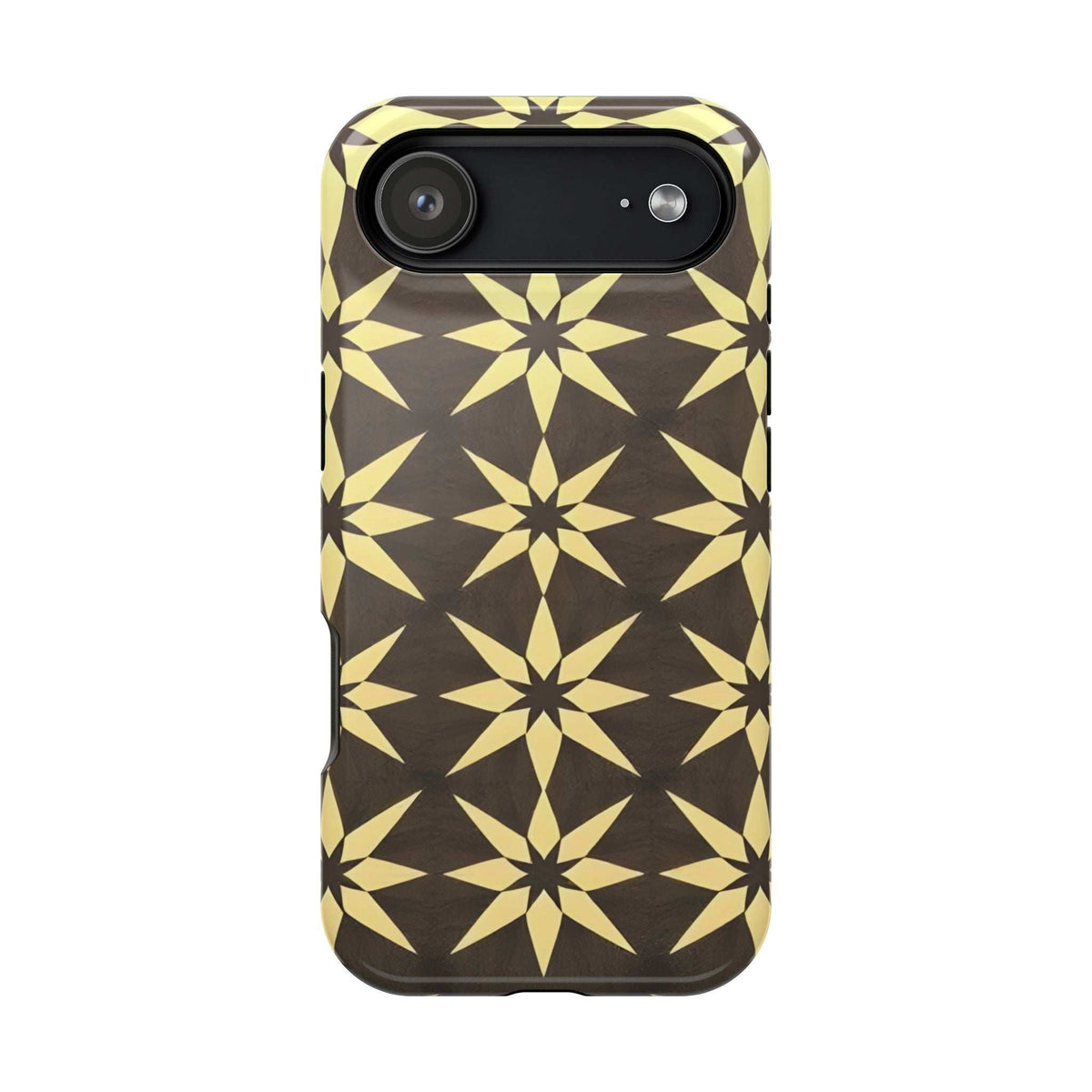 Phone case back with gold and black star geometric pattern and long dark camera housing