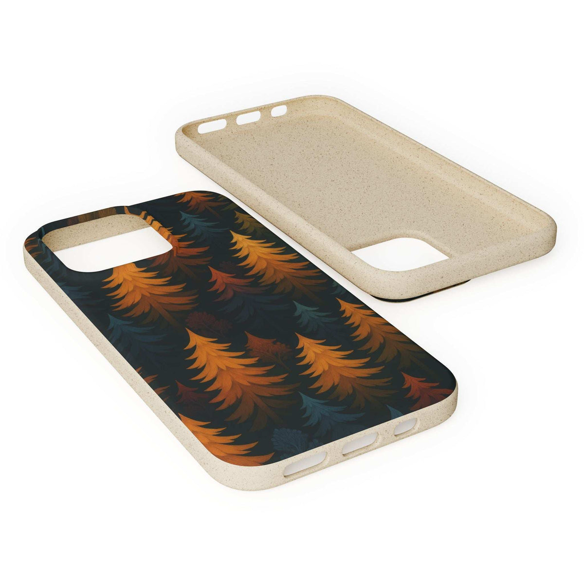 Biodegradable phone case with forest tree pattern; tan interior backing visible