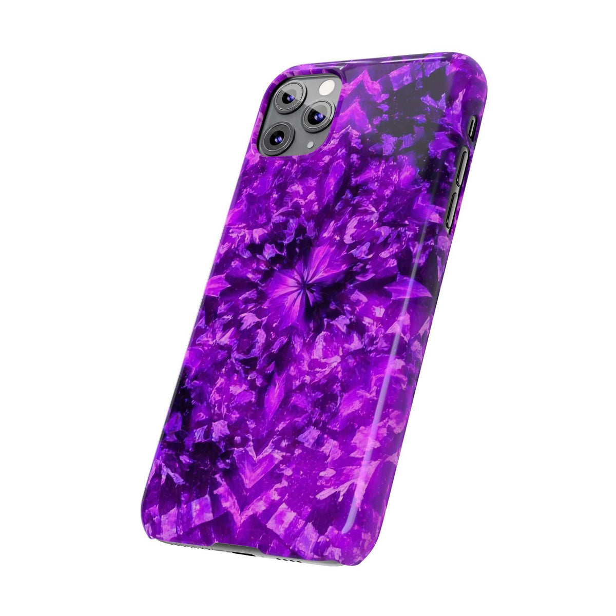 Purple kaleidoscope phone case angled view showing side edges and cutouts