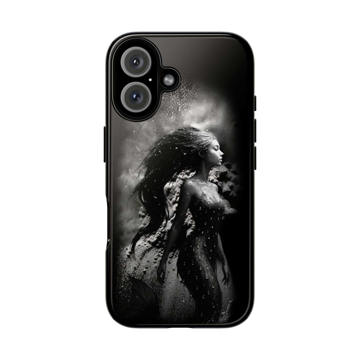 Black phone case back with grayscale mermaid portrait and triple camera cutouts.