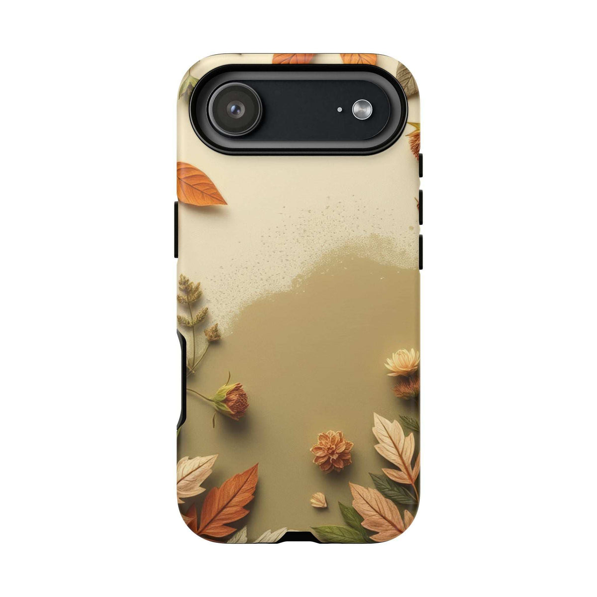 iPhone and Galaxy phone case, beige autumn leaves pattern with raised camera cutout
