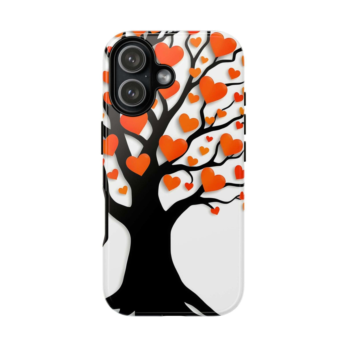 Phone case with orange hearts on white and black tree silhouette, dual camera cutouts