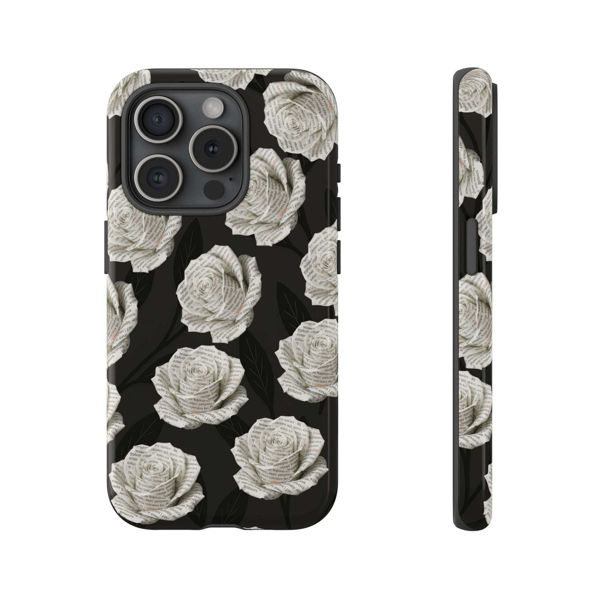 Phone case, black with white rose pattern, quad camera cutout and access to ports