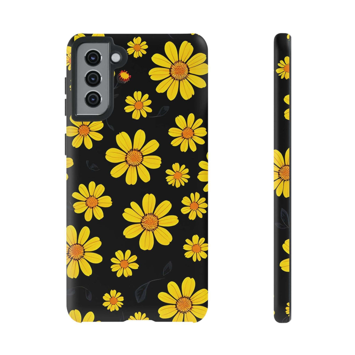 Phone case with black background and yellow daisy floral pattern, side buttons and camera cutouts
