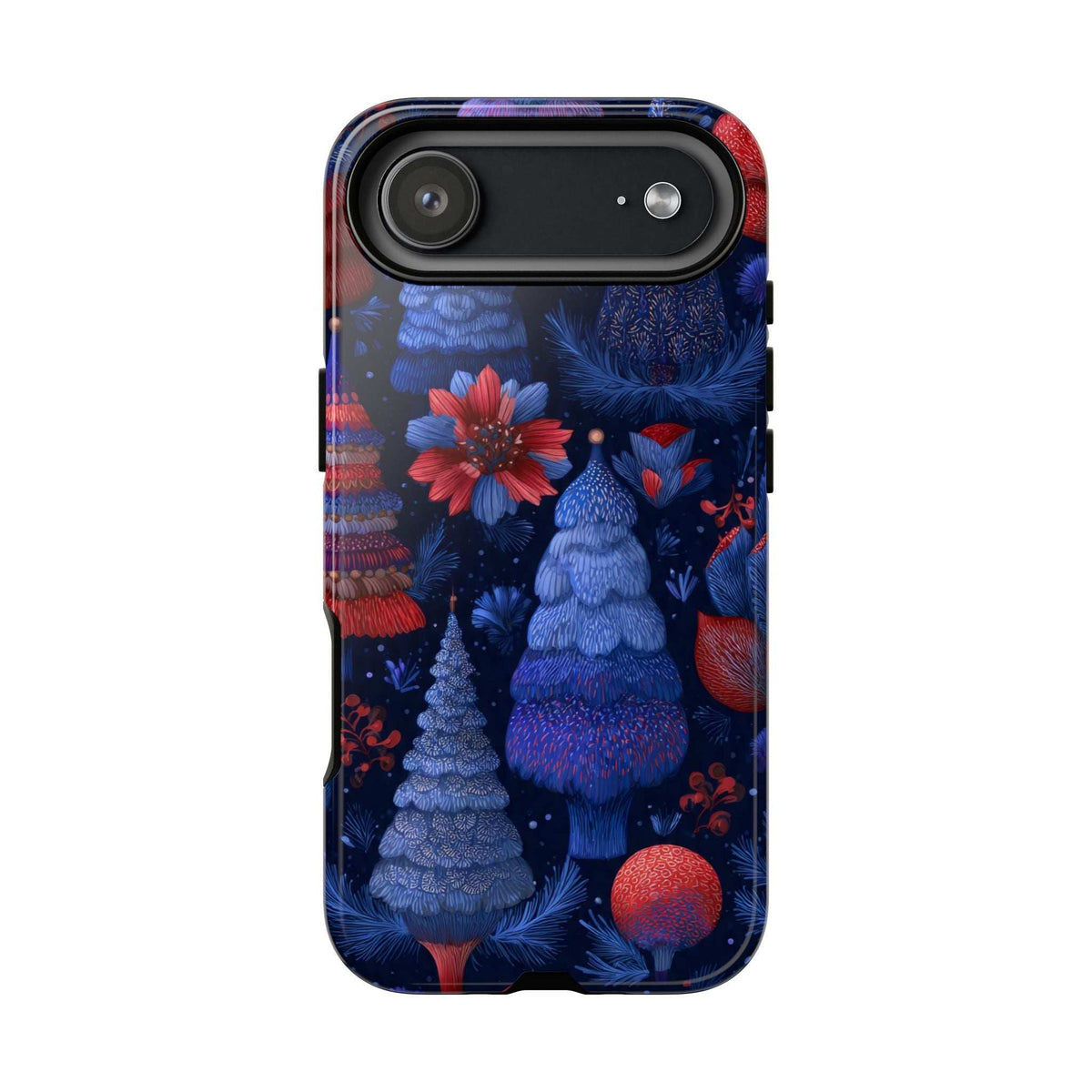 Glossy midnight blue Christmas forest phone case with pine trees and red ornaments, long camera bar.