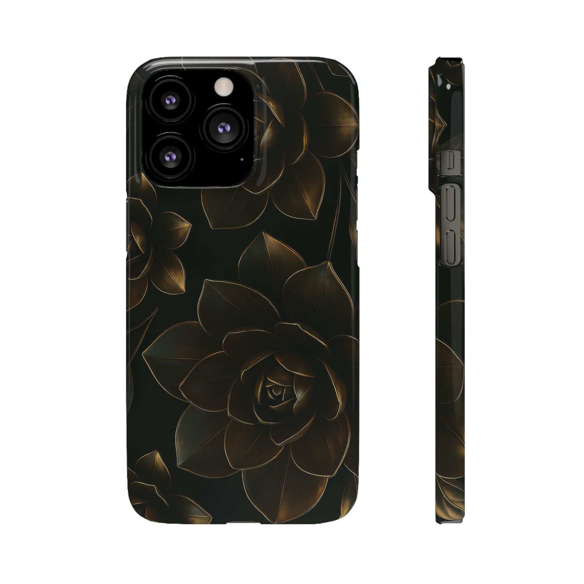 Glossy black phone case with gold floral line art; triple camera area with openings.