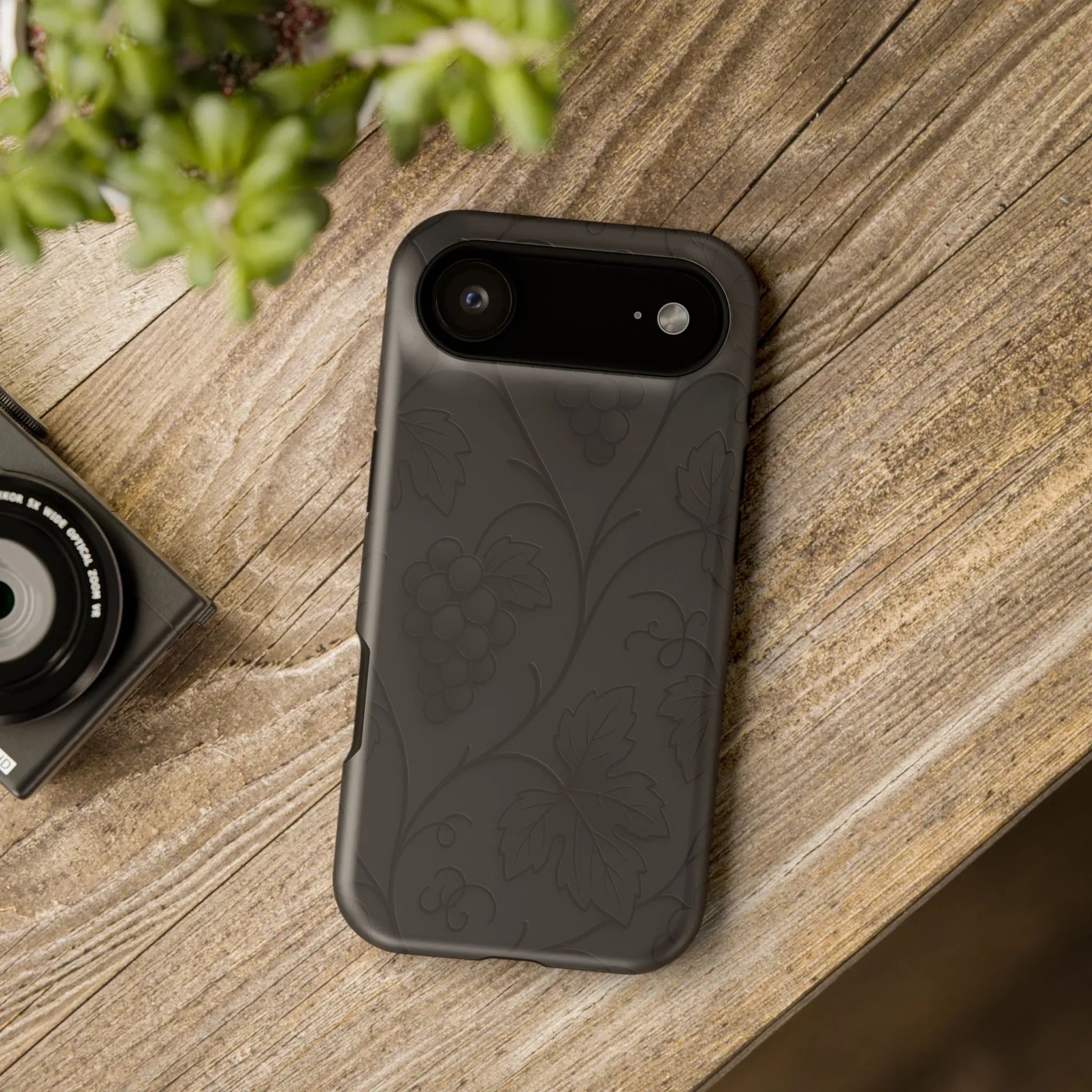 Elegant Embossed Grape Leaf Black Phone Case for iPhone and Galaxy - KARARMDESIGN