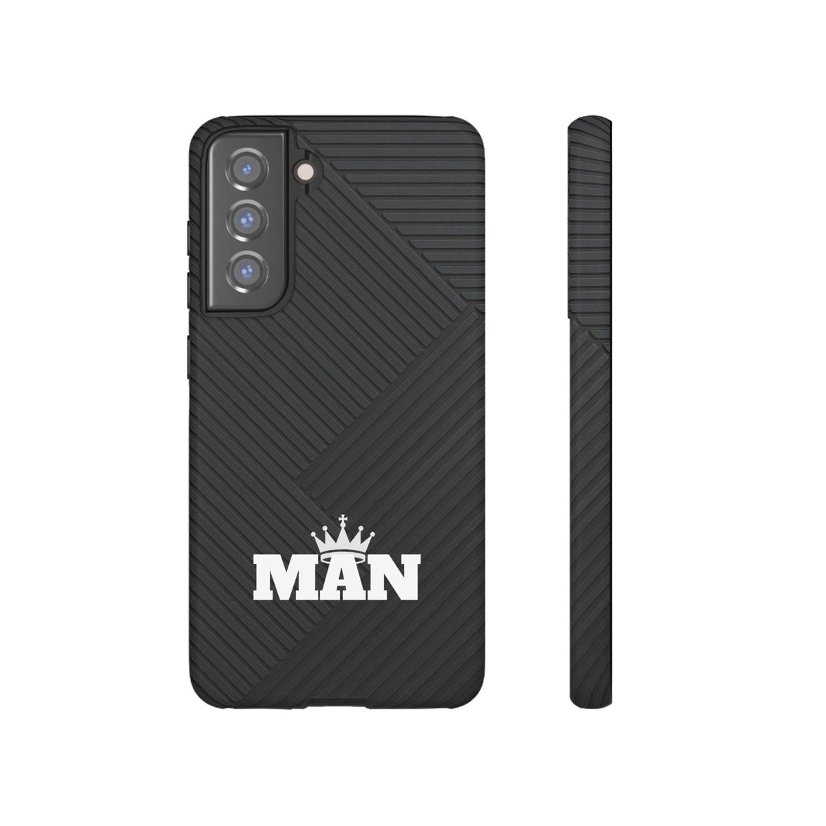 Black phone case with textured diagonal texture, MAN logo, and side profile.