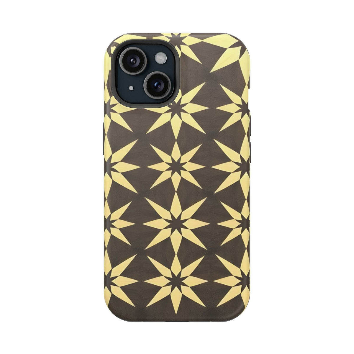 Star geometric phone case back, black base with repeating gold starburst pattern.