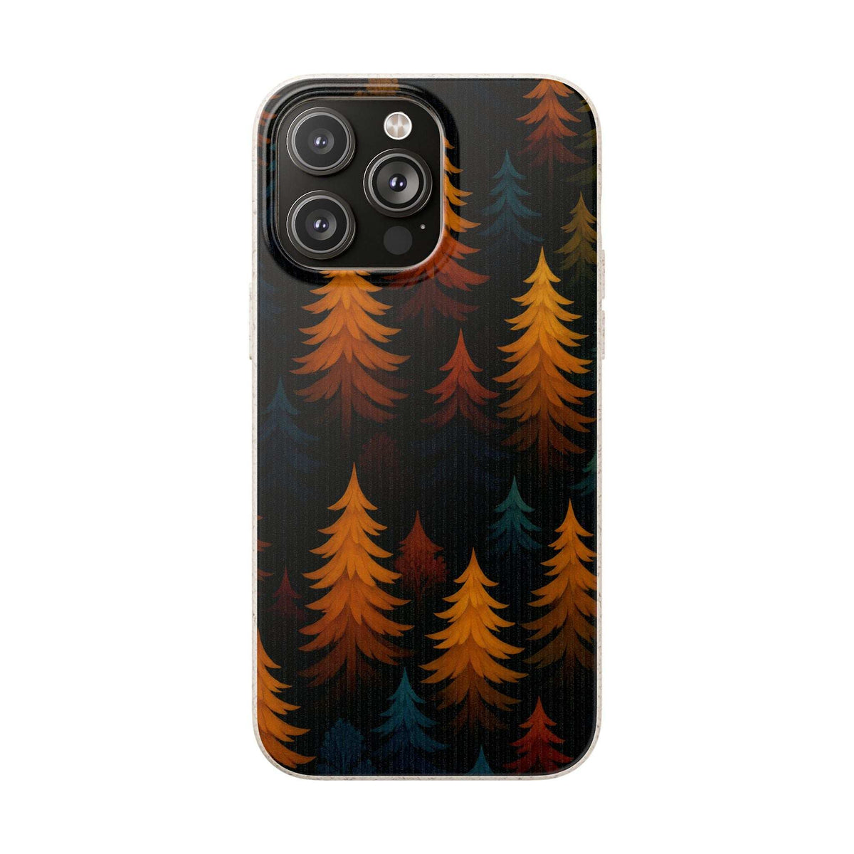 Biodegradable phone case with dark forest tree pattern and triple-lens camera cutout