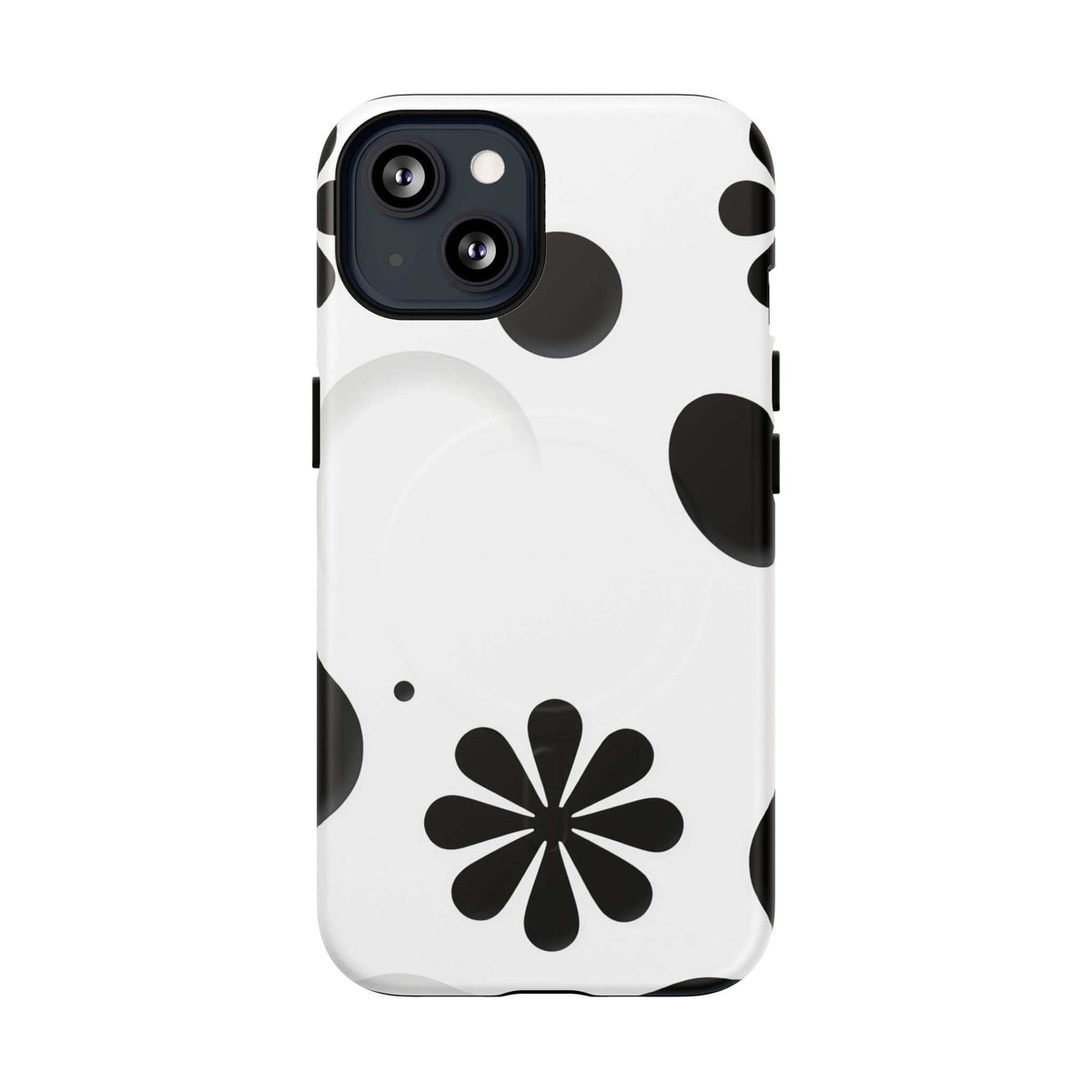 White phone case with black flower motif, raised camera area, magnetic side tab