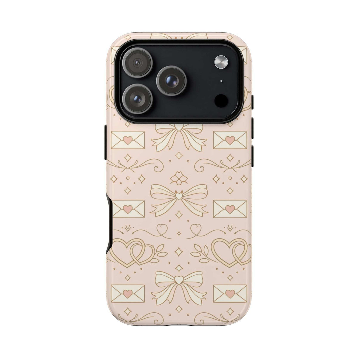 Light pink tough phone case with hearts and bows, multi-lens camera cutout