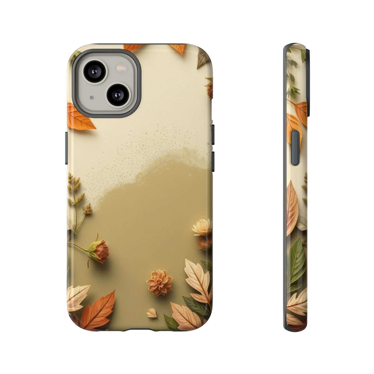 Slim phone case with autumn leaves pattern on beige, cutout for dual camera