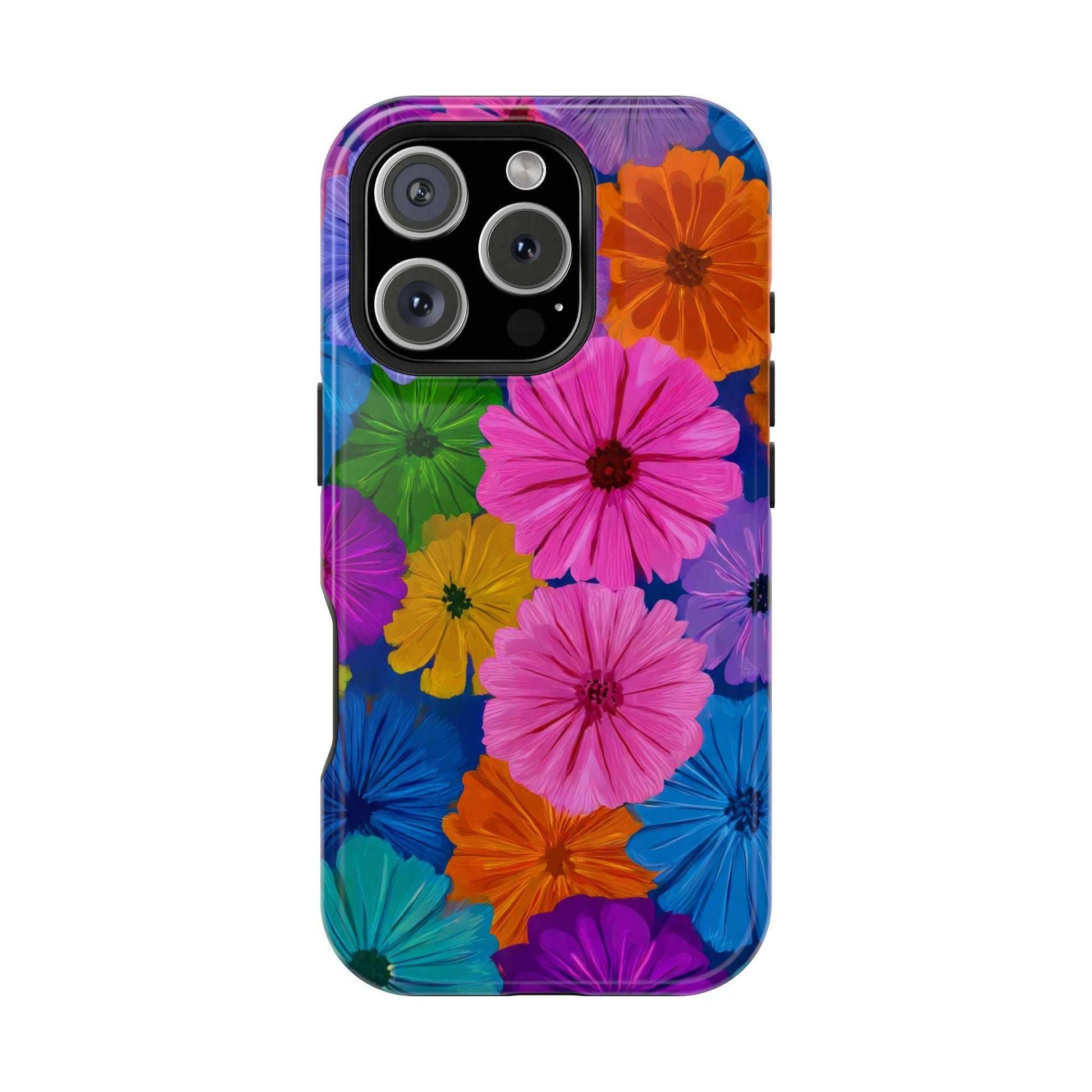 Colorful floral phone case with raised camera cutout and multi-color flowers across the back