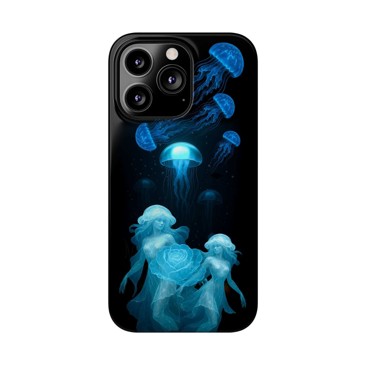 Blue jellyfish phone case with rose motif and cutouts for camera and flash