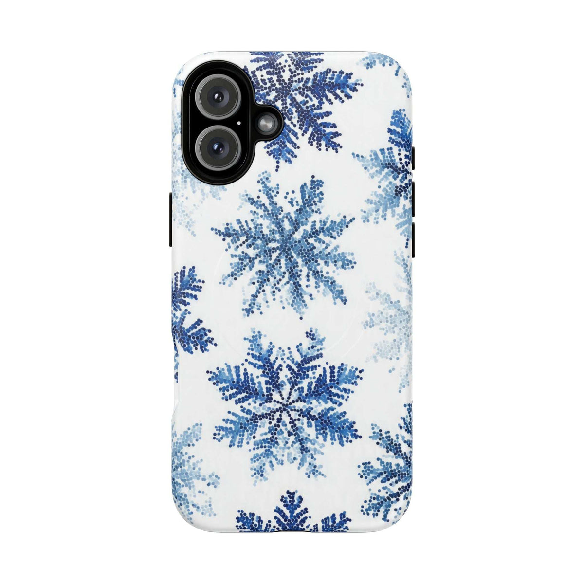 iPhone 13-17 phone case, white base with blue snowflakes and side camera openings