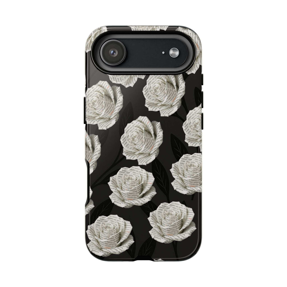 Phone case with black background and white rose pattern; single camera module cutout at the top.