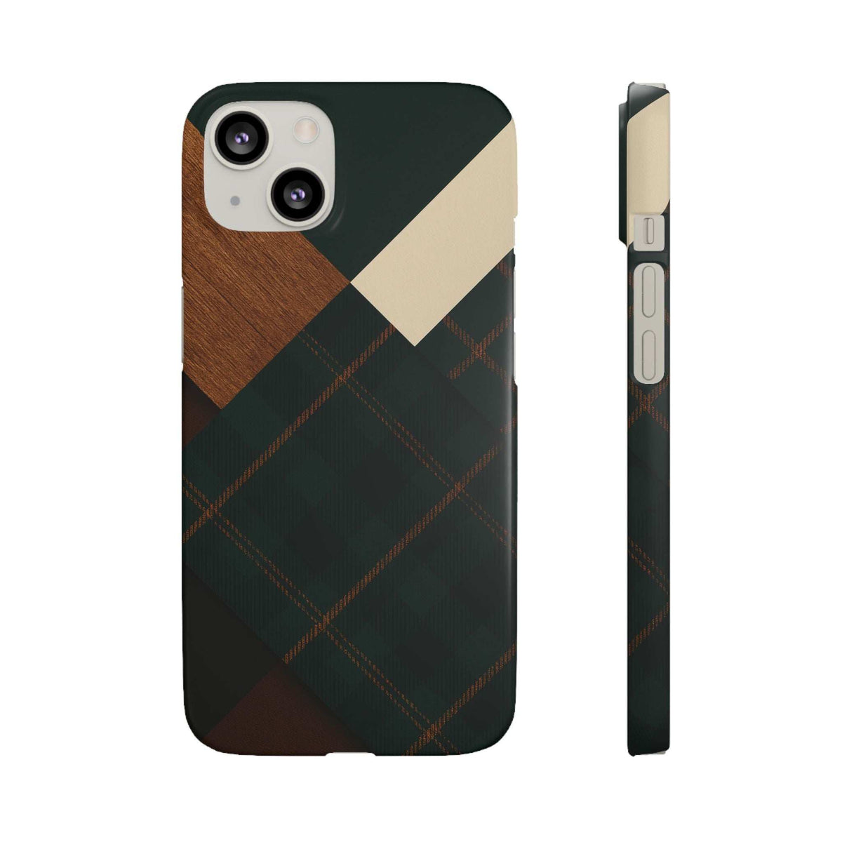 Dark green phone case with tan diagonal panel and plaid check; camera cutouts visible.