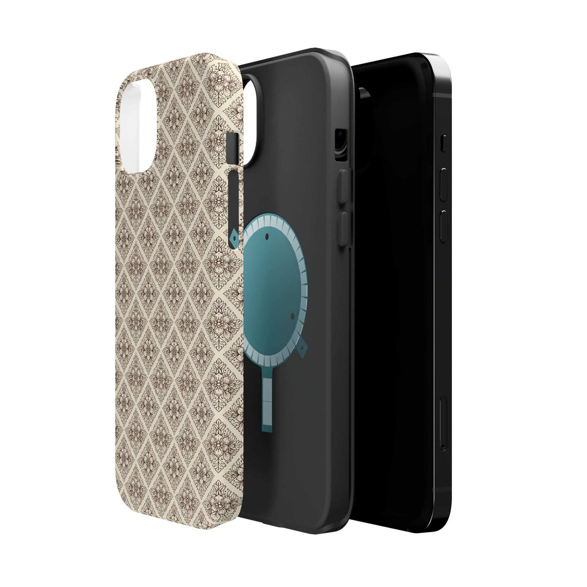 Beige patterned phone case with blue oval design, angled view showing textured back