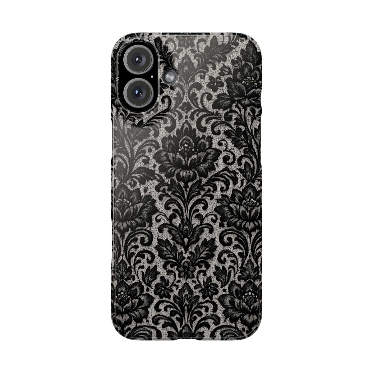 Black damask floral phone case, back view with raised camera lenses and smooth edges