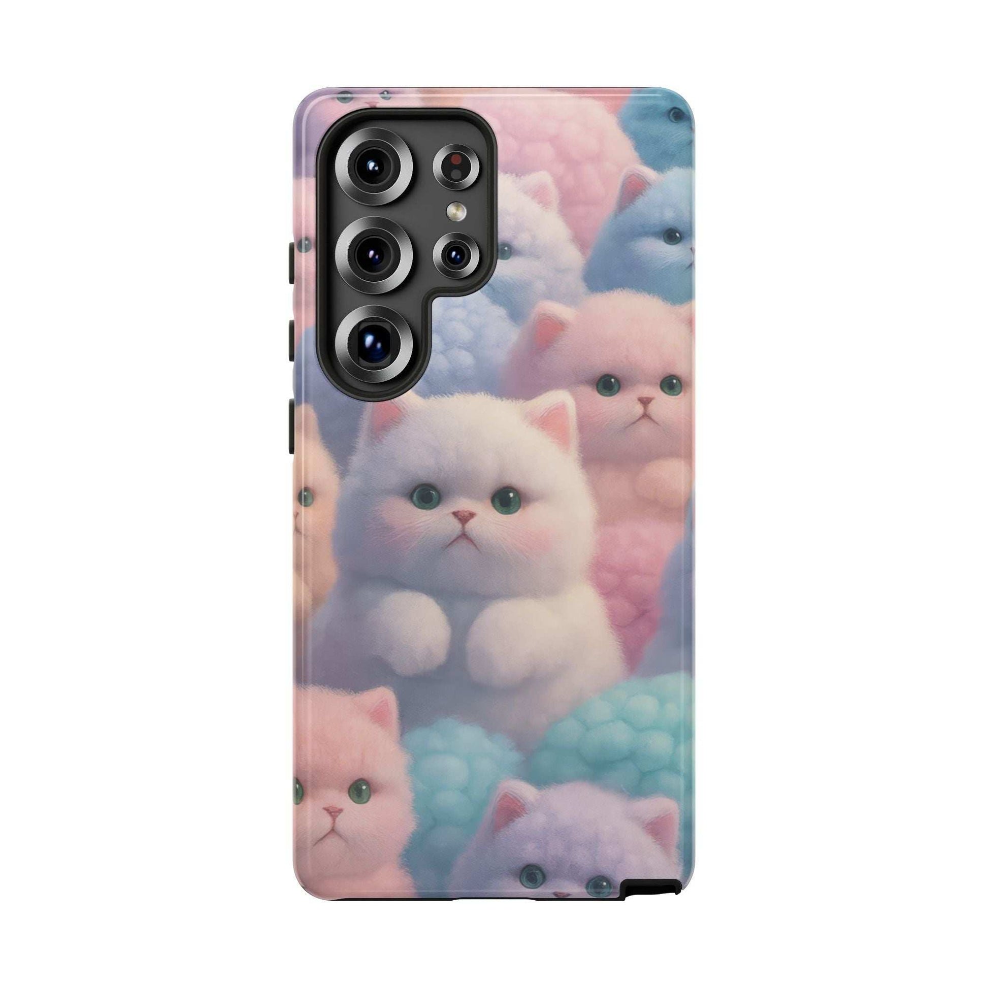 Glossy phone case with pastel kitten artwork and multiple camera openings