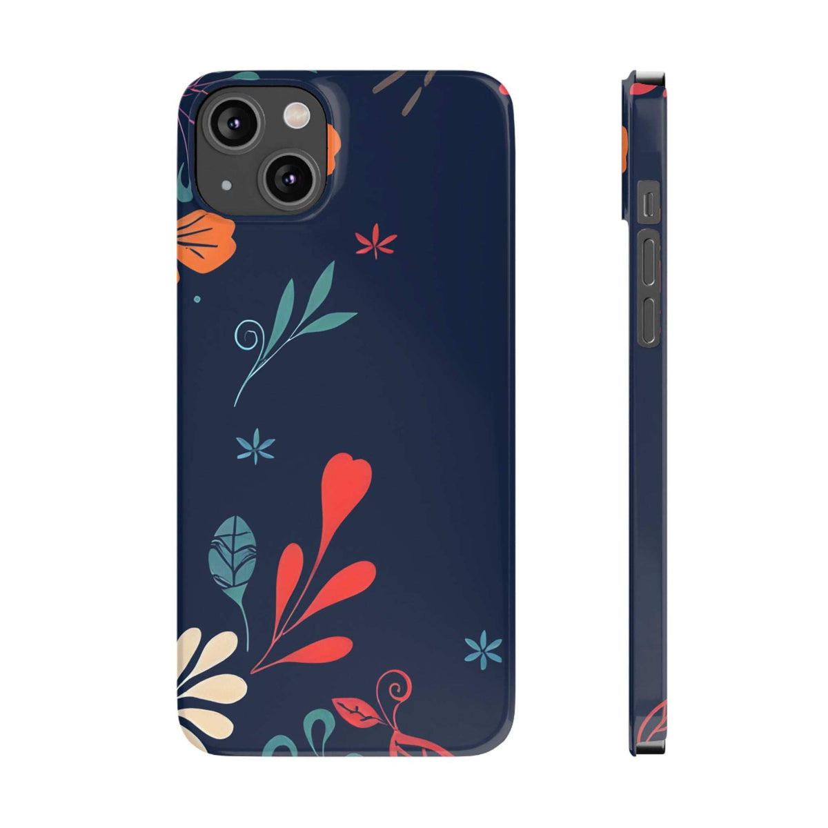 Dark navy floral phone case with red, orange, and teal leaf accents and camera cutout