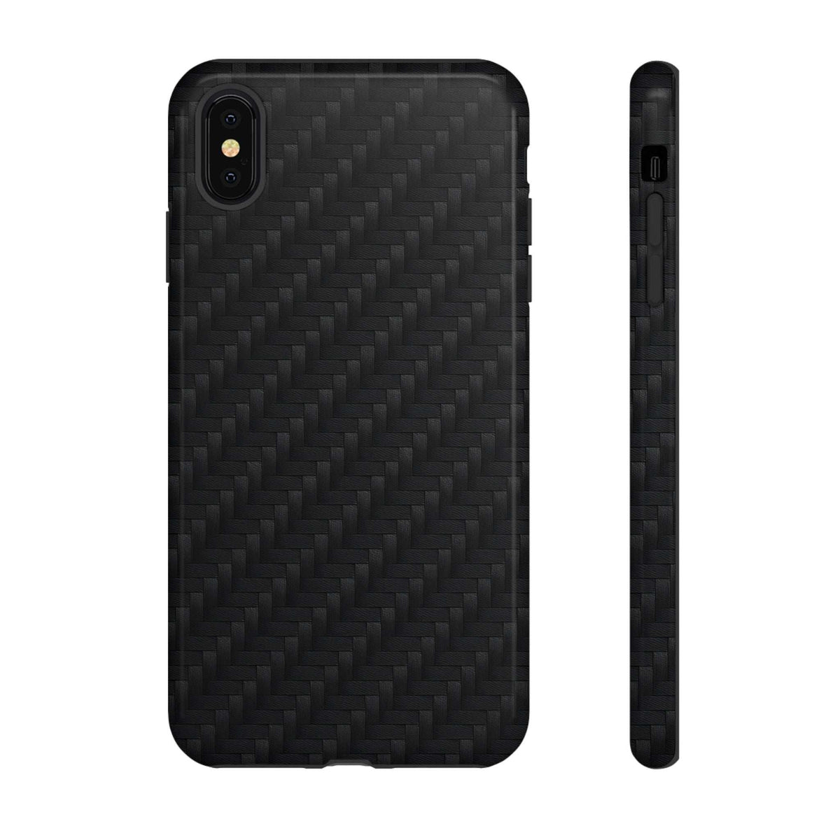 Glossy black carbon phone case back with camera cutouts and side button slots.