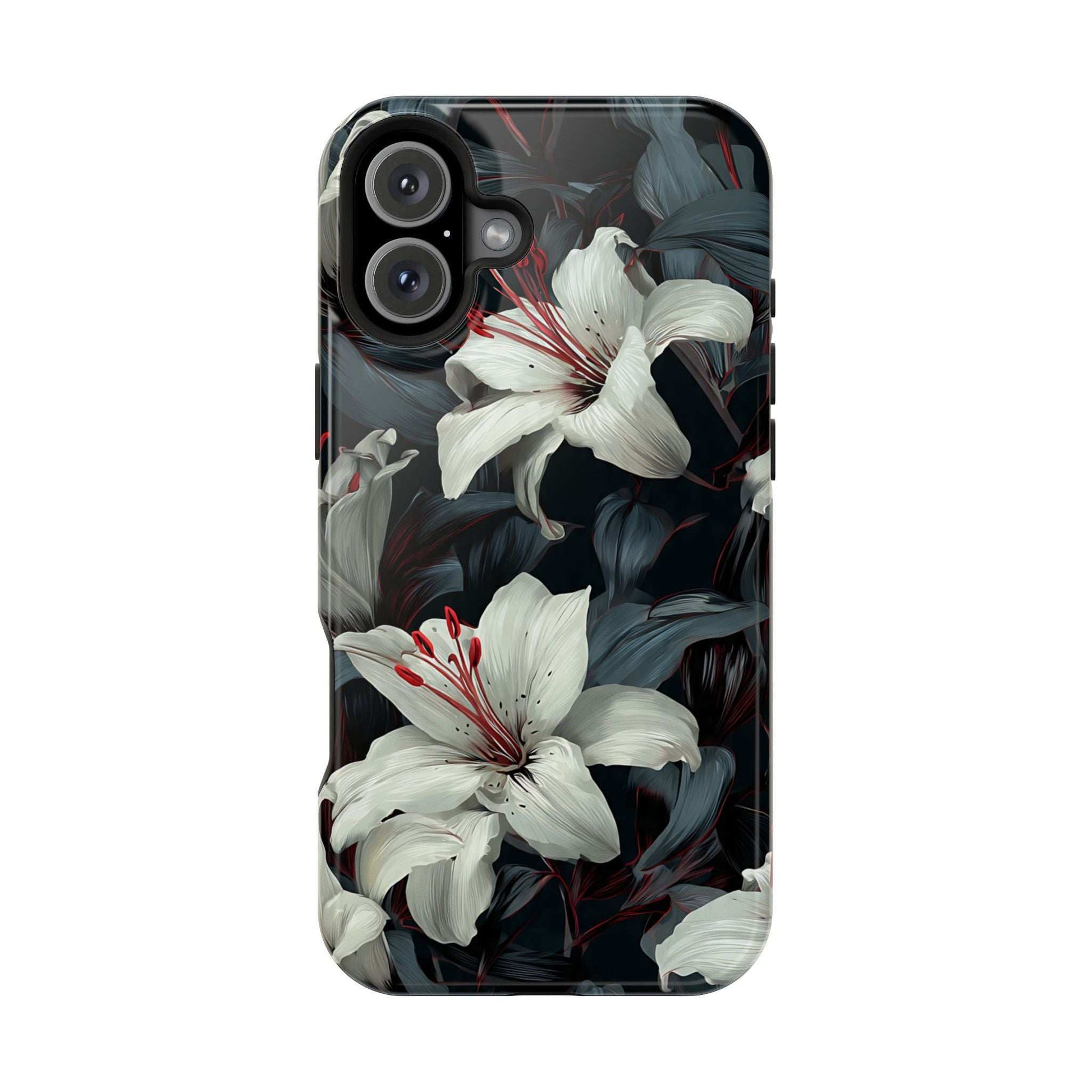 iPhone phone case with white lily flowers and dark foliage, raised camera protection