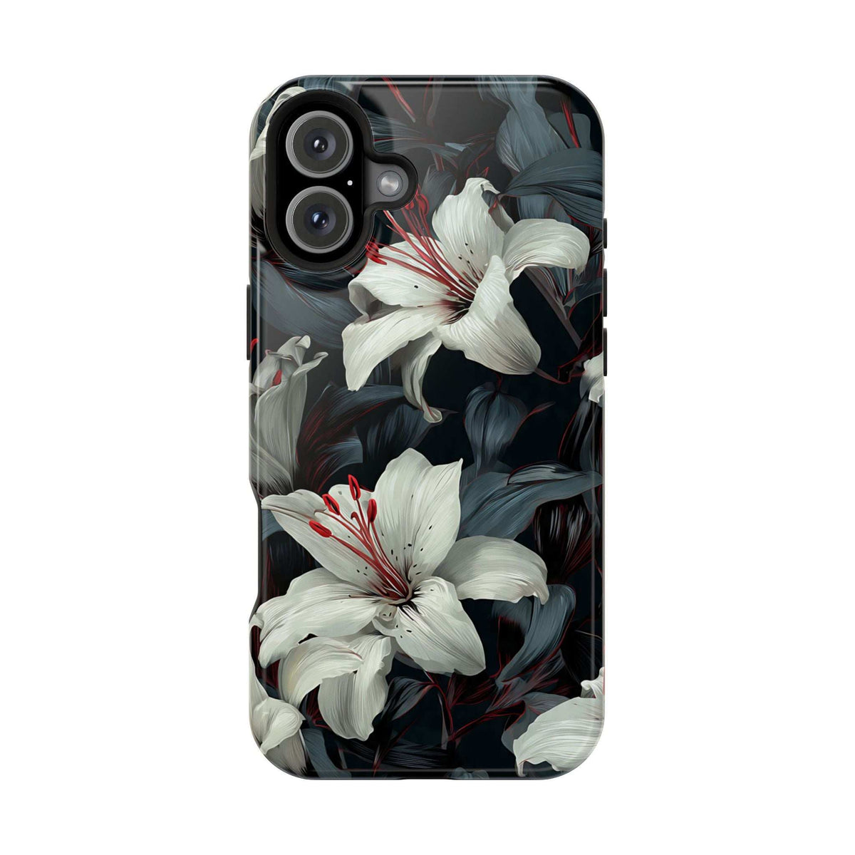 iPhone phone case with white lily flowers and dark foliage, raised camera protection