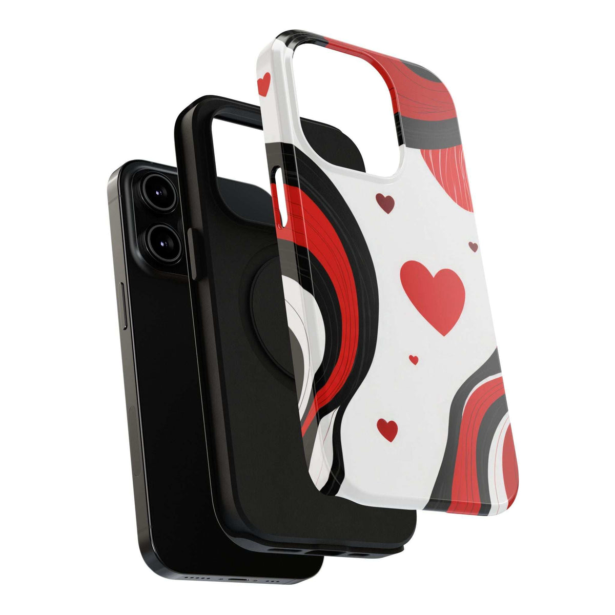 Glossy phone case front-and-back view with red hearts on white and black protective corners