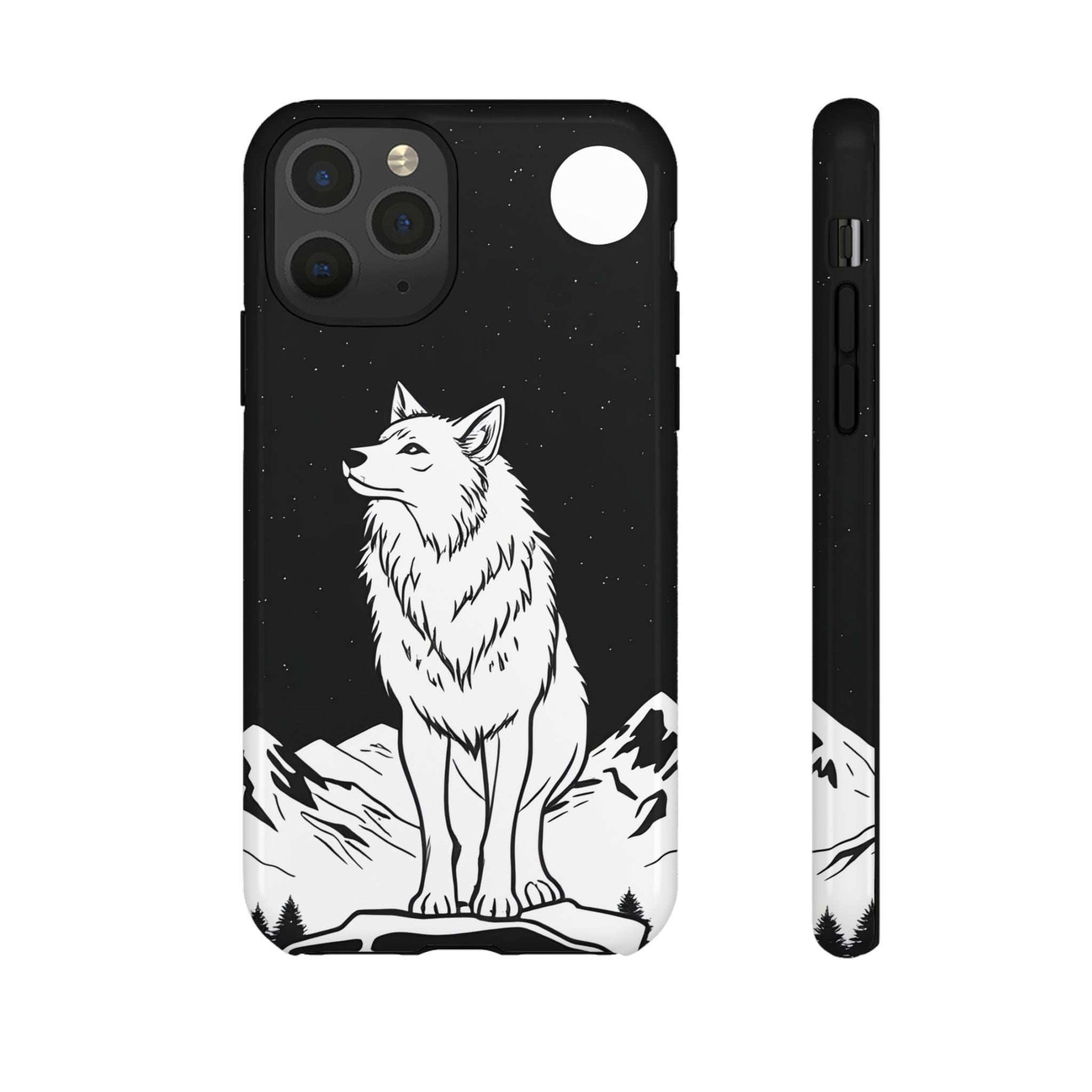 Black phone case with white wolf design, star speckles, shown front and side