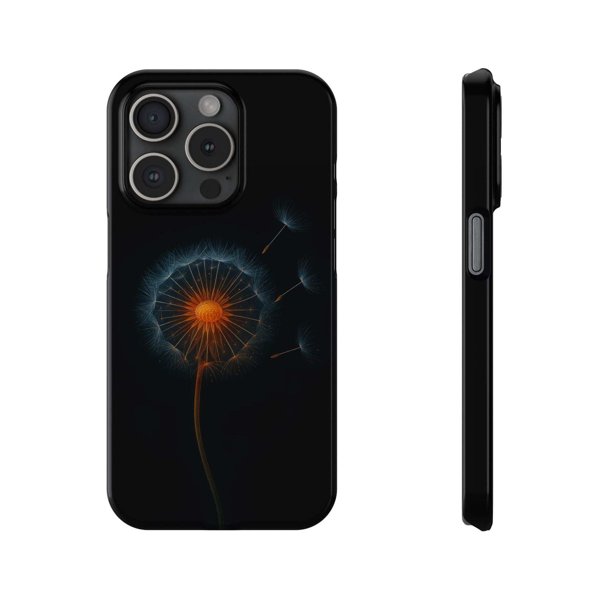 Black phone case featuring glowing dandelion design with camera and flash cutouts