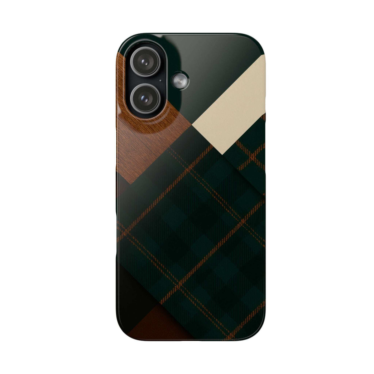 Phone case with rustic green plaid pattern and brown wood-style diagonal panels