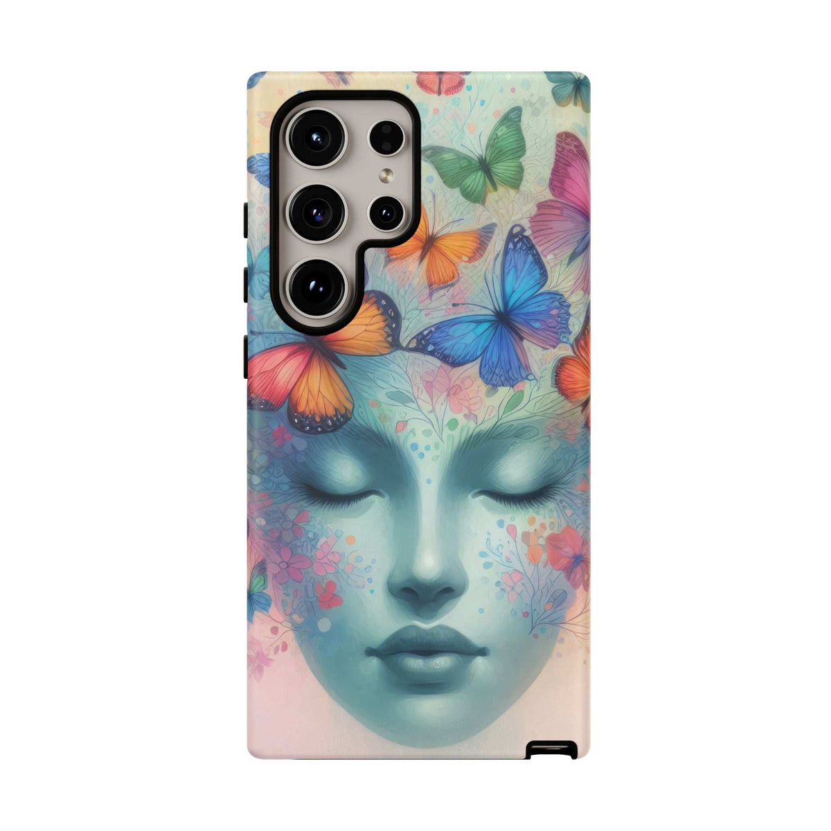 Butterfly face phone case with triple camera cutout, pastel blue skin and colorful butterflies