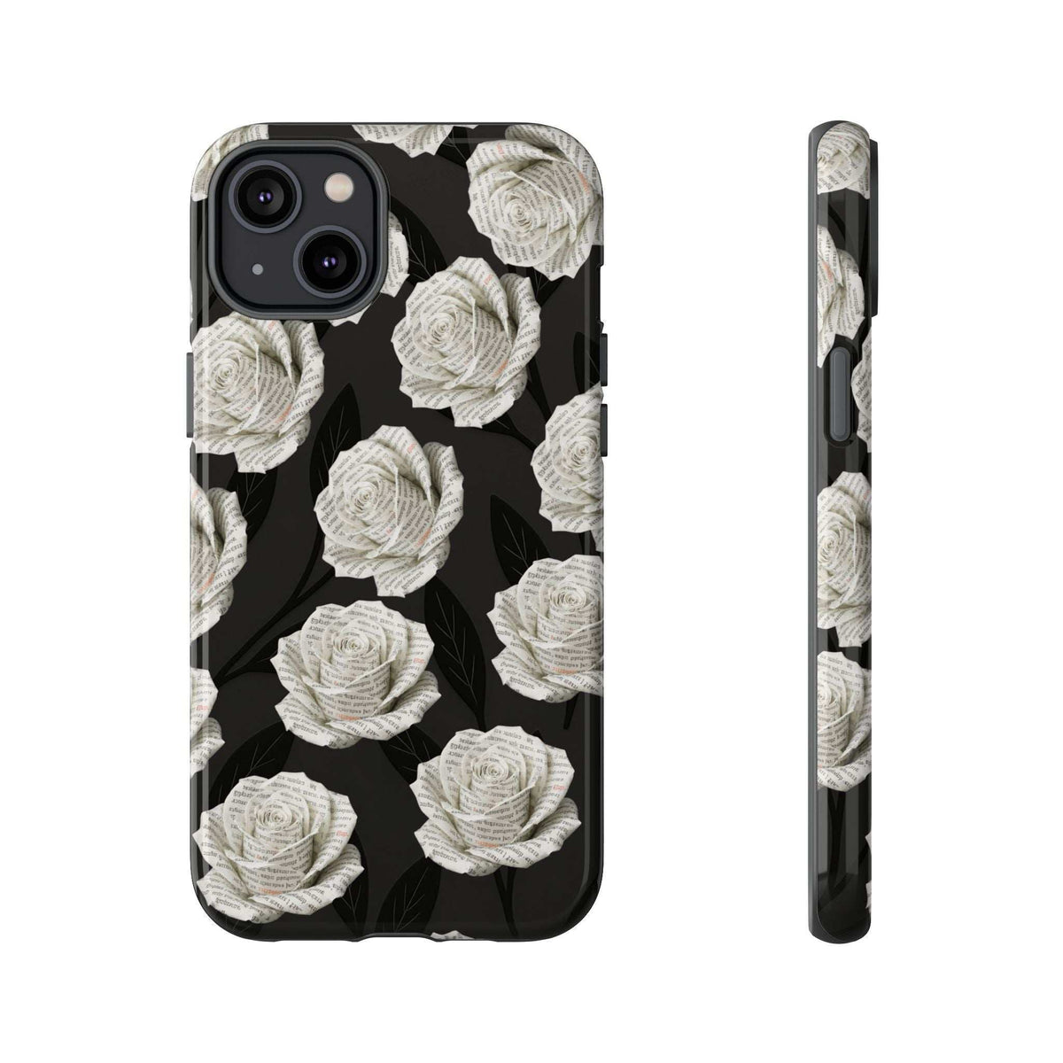 Black rose floral phone case with white blooms; side profile with button openings