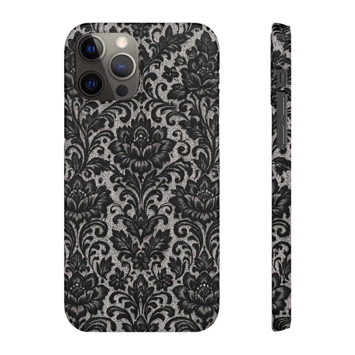 Black damask floral phone case with four-camera cutouts and patterned back
