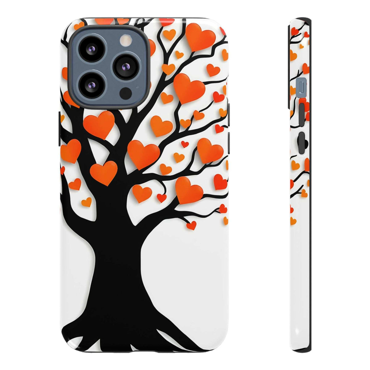 Heart tree phone case with orange hearts, full front and slim side profile