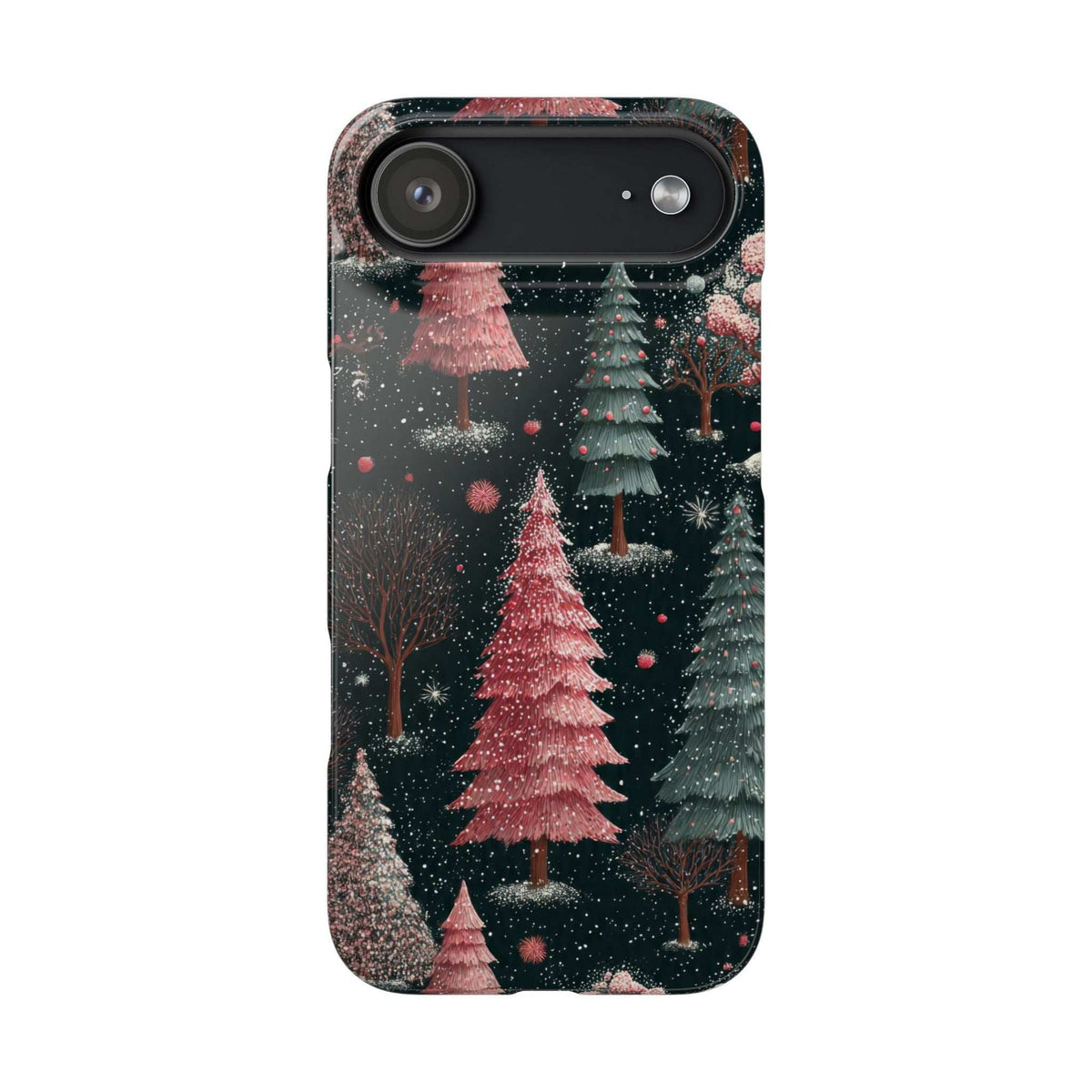 Winter forest phone case back with pink and blue trees, sparkly snow, and camera cutout.